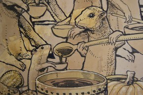 Image of animals serving each other food.